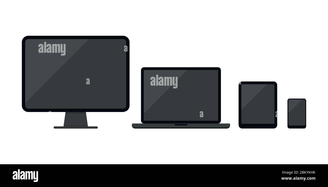 Computer-Desktop, Laptop, Tablet-pc, Smartphone oder Mobiltelefon-Symbol auf weißem Hintergrund isoliert gesetzt. Stock Vektor