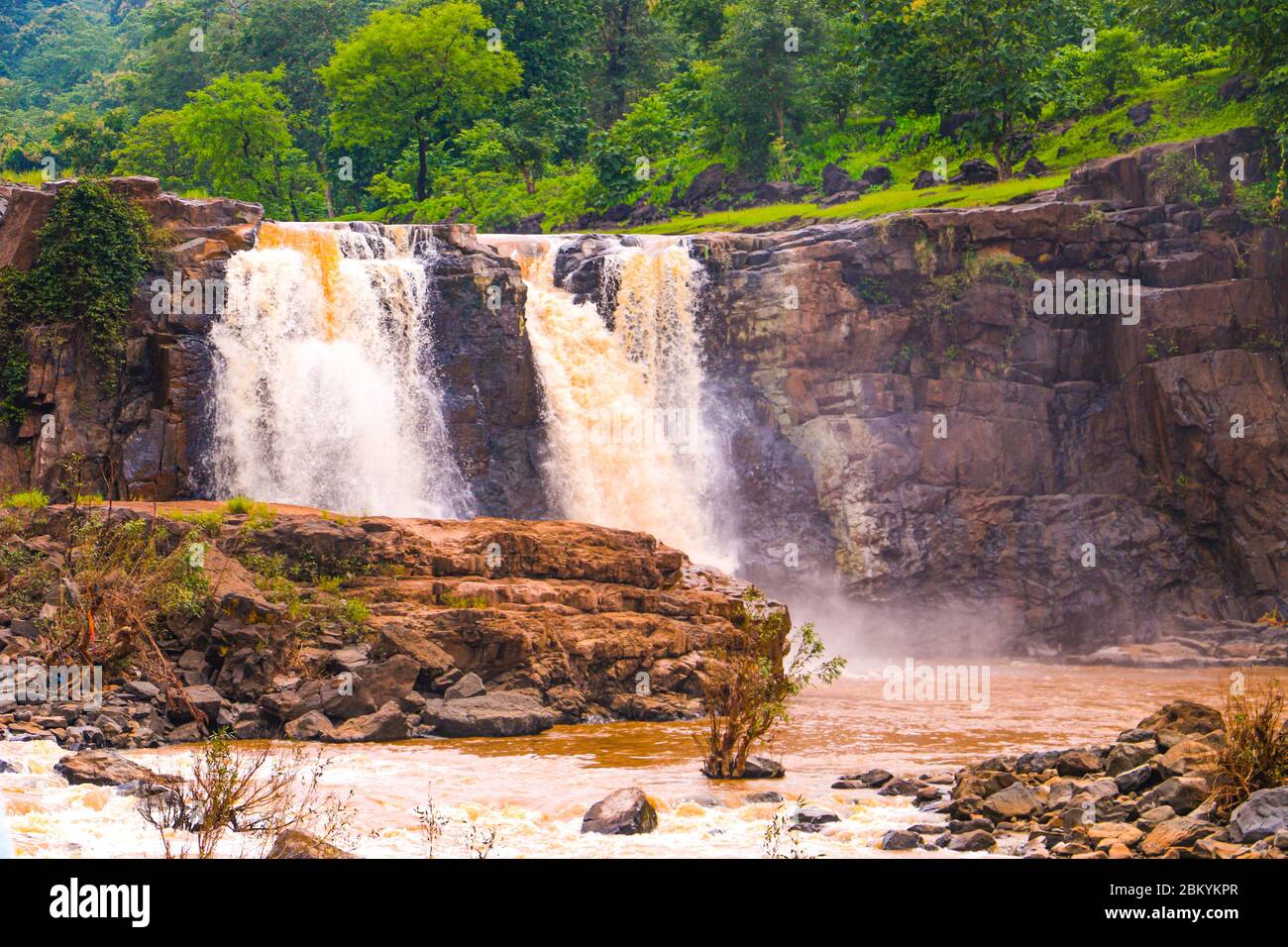 Erstaunlich Wasserfall fällt auf dem grünen Moos. Wasserfall mit einem Felsen im Wald in indien. Stockfoto
