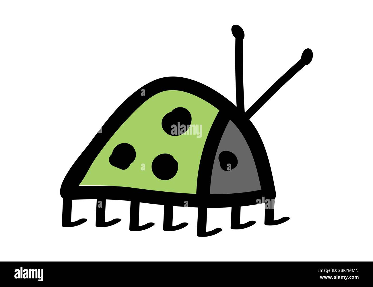 Kleine Käfer Baby hellgrün mit drei schwarzen Punkten, grauer Schnauze und Antennen auf weißem Hintergrund. Flacher Stil. Nachahmung der Kinderzeichnung Stock Vektor