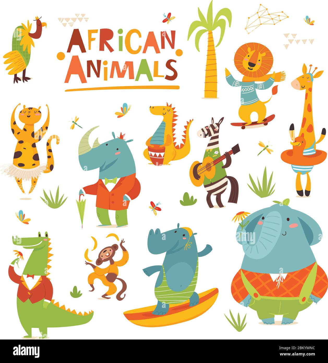 Vektor-Cartoon Wilde Tiere von Afrika lustige Charaktere in flachem Stil Stock Vektor