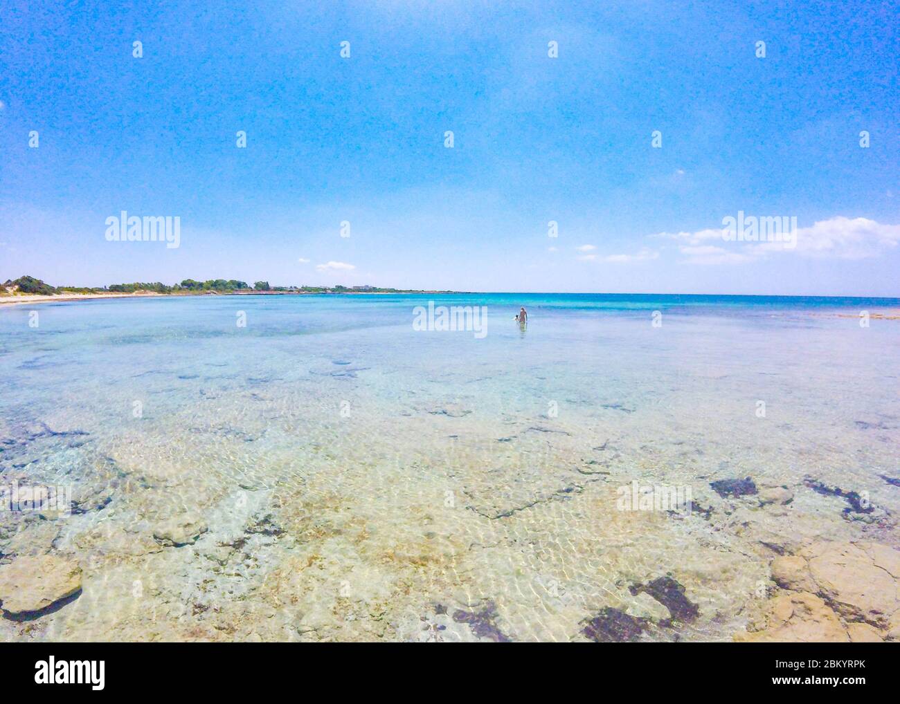 Wunderschöner Sandstrand mit transparentem kristallklarem Wasser im Sommer in Salento, Apulien, Italien Stockfoto