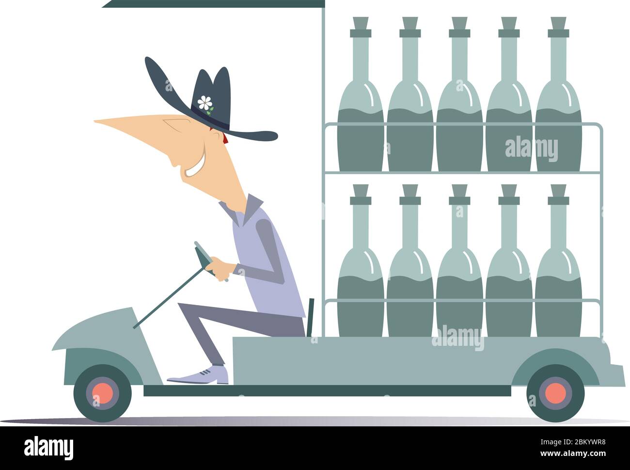 Arbeiter, LKW und Flaschen Abbildung. Lustiger Mann im Hut fährt einen LKW mit vielen Flaschen isoliert auf weiß Stock Vektor