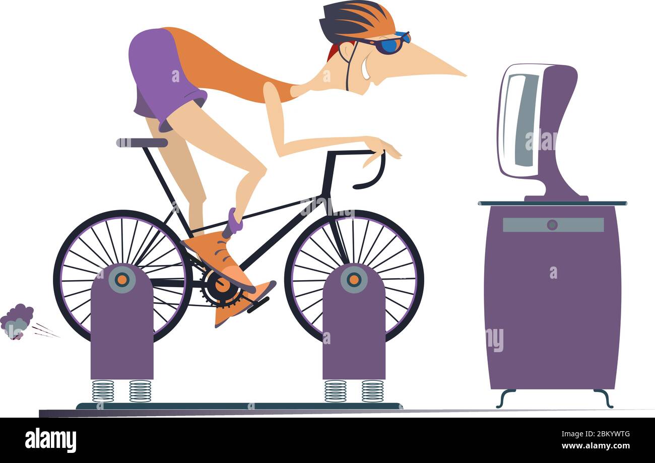 Radfahrer trainiert zu Hause auf der Übungsfahrrad-Illustration. Radfahrer fährt auf Heimtrainer vor TV oder Computer isoliert auf weiß Stock Vektor
