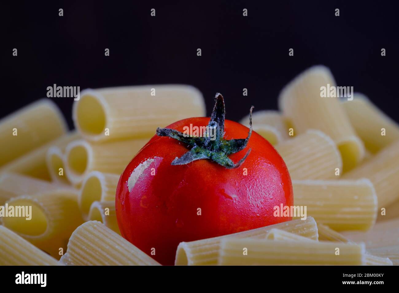 Tomate auf italienische Rigatoni Pasta mit dunklem Hintergrund gelegt Stockfoto