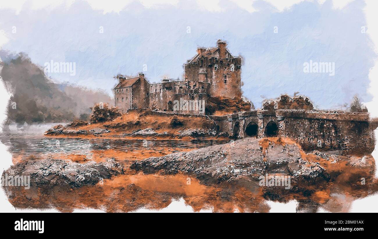 Eilean Donan ist eine kleine Insel in Loch Duich, im westlichen Hochland Schottlands. Auf dieser Insel erhebt sich die berühmte Eilean Donan Burg. Stockfoto