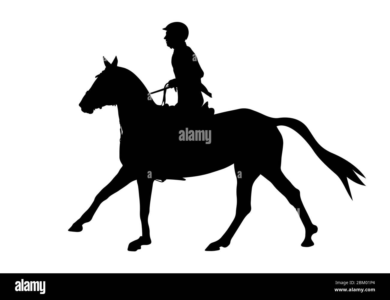 Springreiten Frau auf Pferd schwarze Silhouette Stockfoto