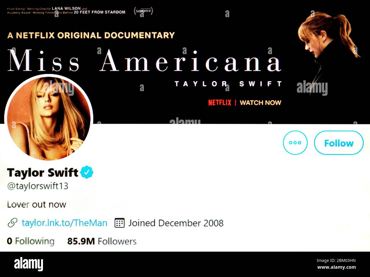 Twitter-Seite (Mai 2020) : Taylor Swift, amerikanischer Singer-Songwriter Stockfoto