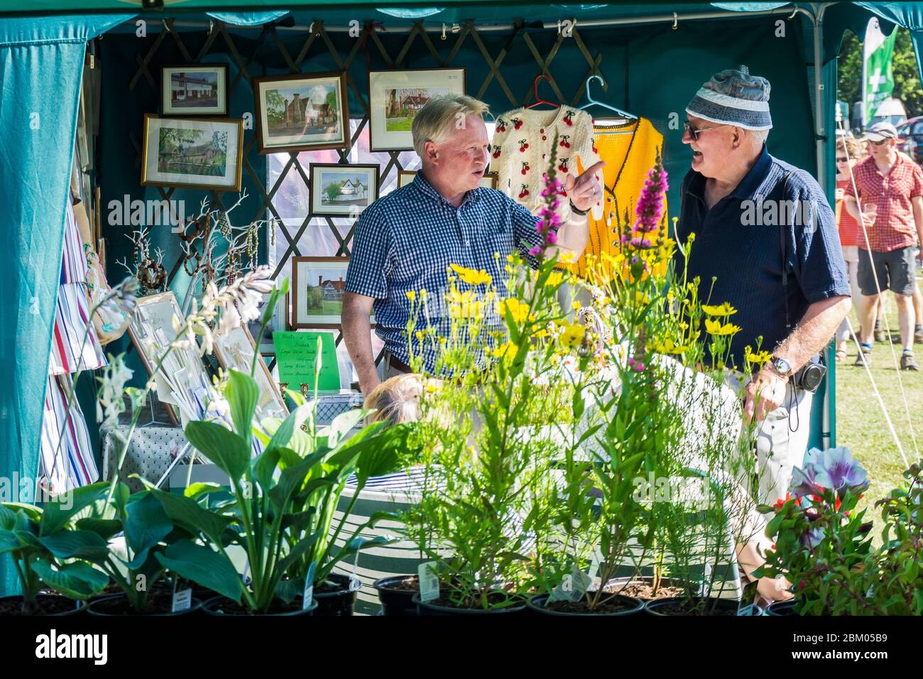 Zwei Männer plaudern über Gartenpflanzen, die an einem Stand im Cowden Village Summer Fete in Kent, Großbritannien, verkauft werden Stockfoto