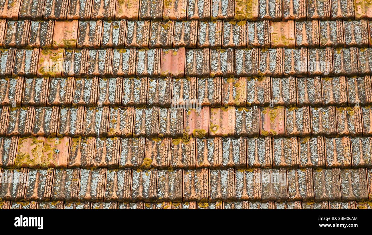 Hintergrund alter, traditioneller moosroter Dachziegel Stockfoto