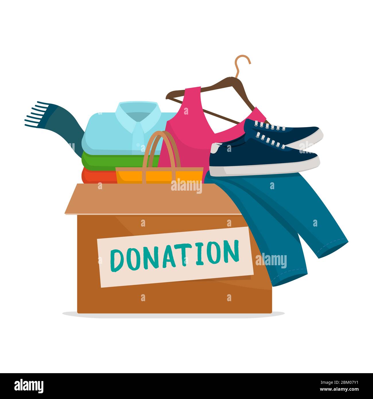 Spendenbox mit verschiedenen Kleidungsstücken und Schuhen auf weißem Hintergrund, Solidaritäts- und Charity-Konzept Stock Vektor