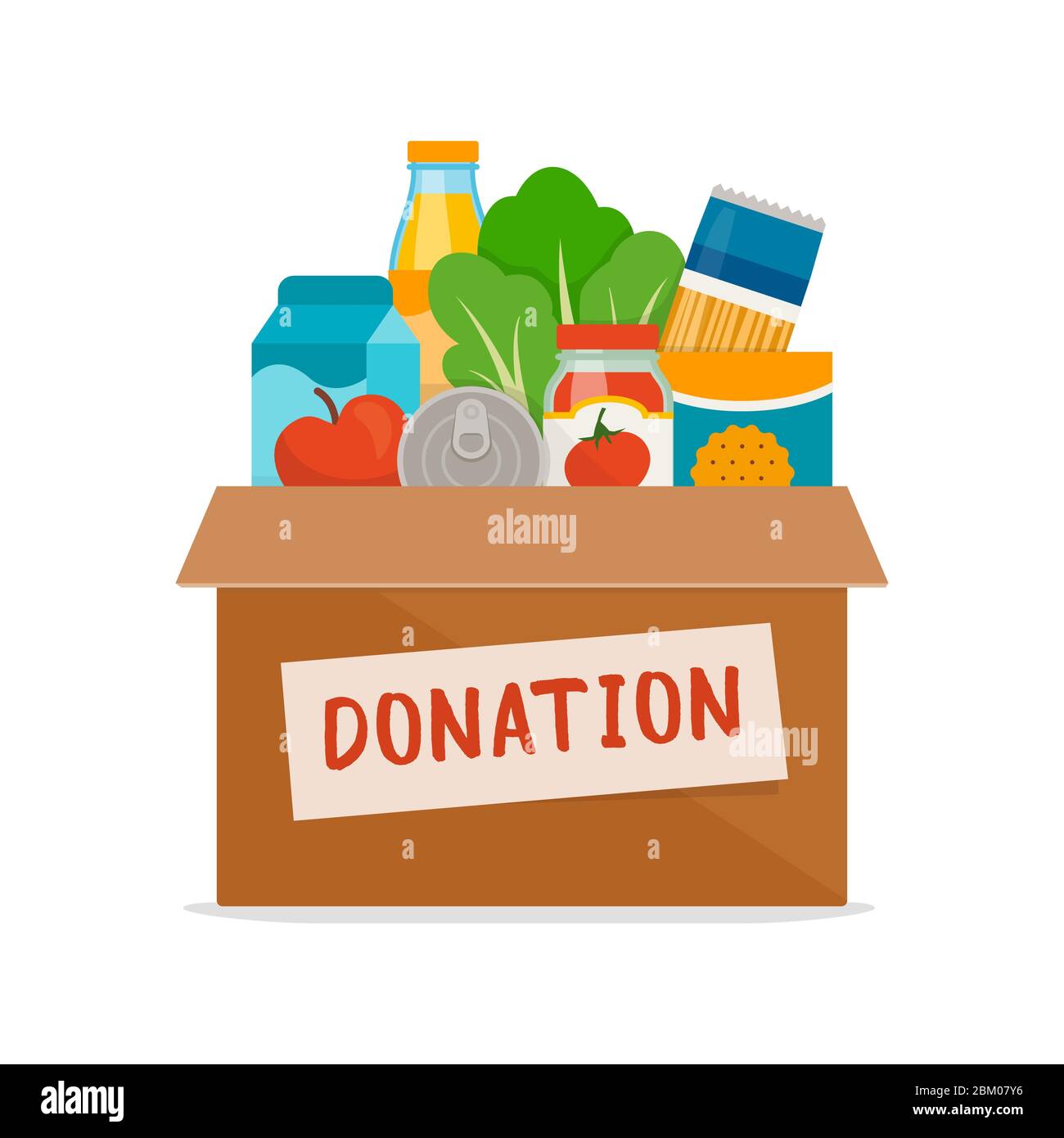 Lebensmittel in einer Spendenbox auf weißem Hintergrund, Food Drive und Freiwilligenarbeit Konzept Stock Vektor