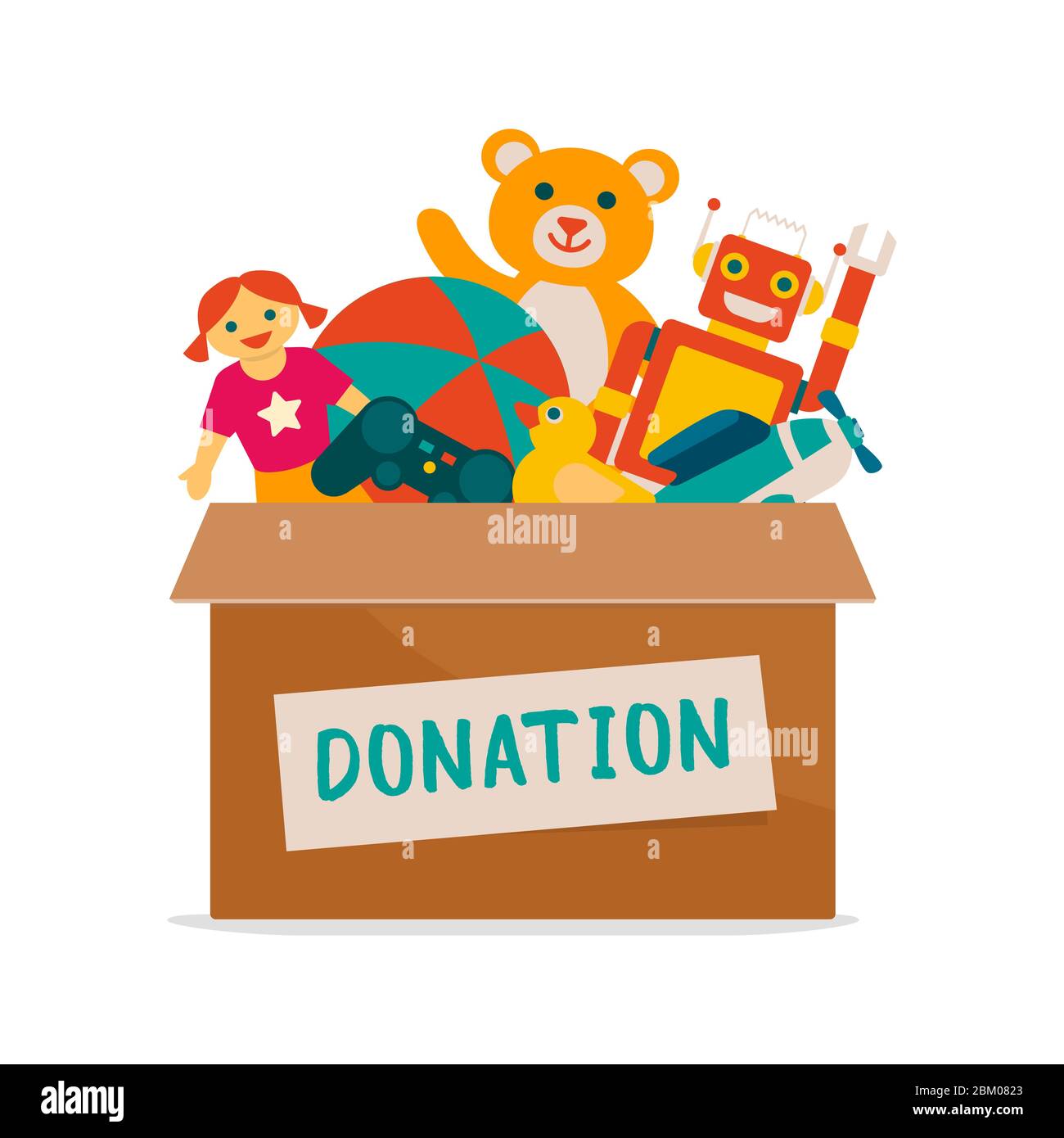 Spenden für Kinder: Spendenbox mit vielen schönen Spielsachen, Solidaritäts- und Freiwilligenkonzept Stock Vektor
