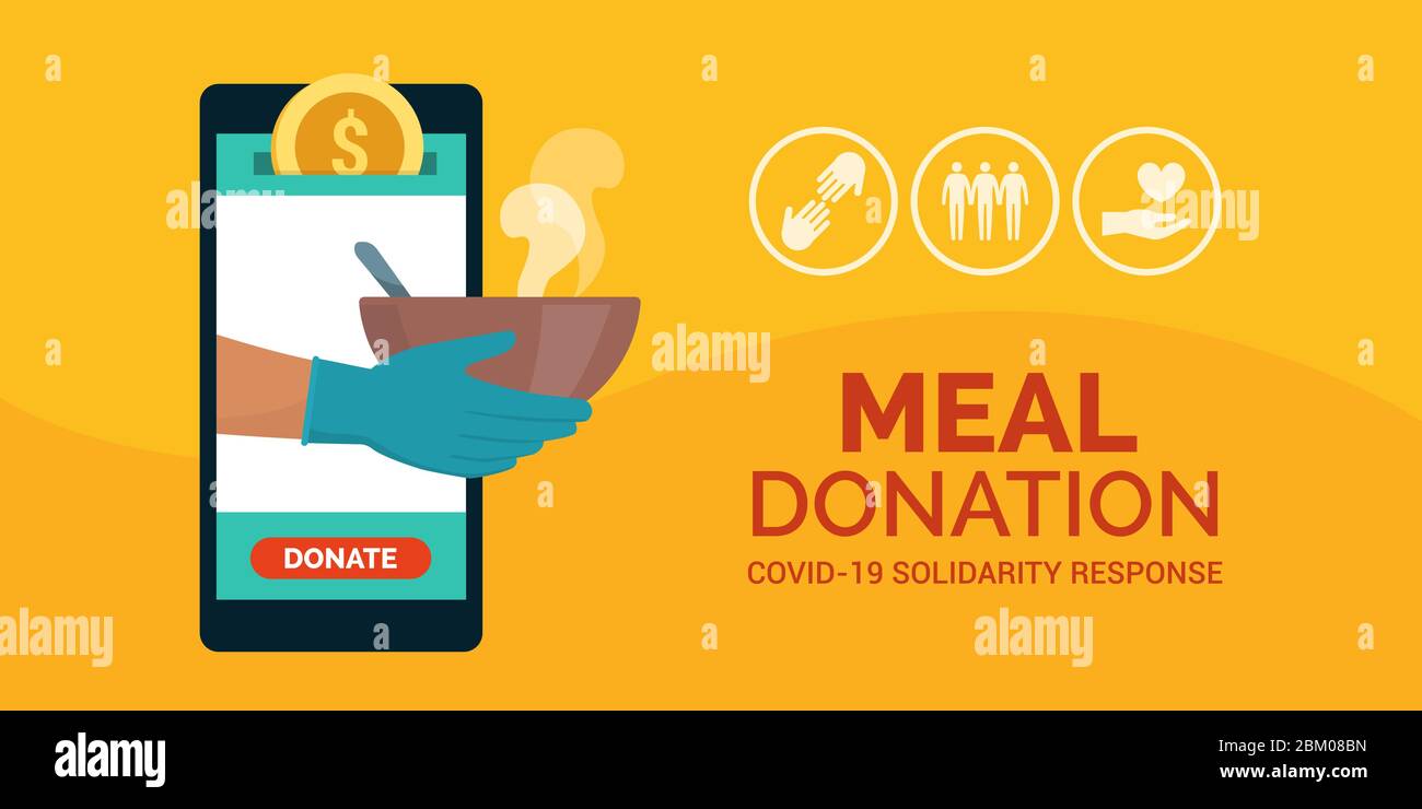 Essen und Essen Spende App auf einem Smartphone, Freiwilligenarbeit und Wohltätigkeitskonzept, covid-10 Solidaritätsantwort Stock Vektor