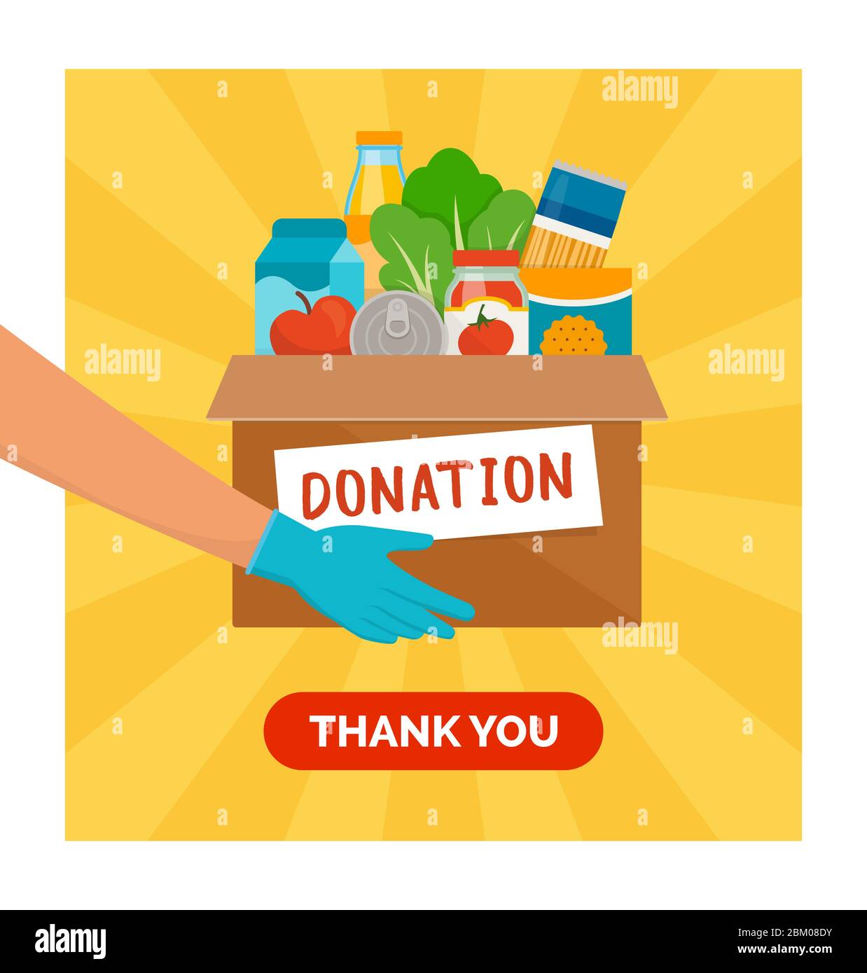 Volunteer hält eine Spendenbox mit Lebensmittelnahrungsmittel, Solidarität und Freiwilligenarbeit Konzept Stock Vektor