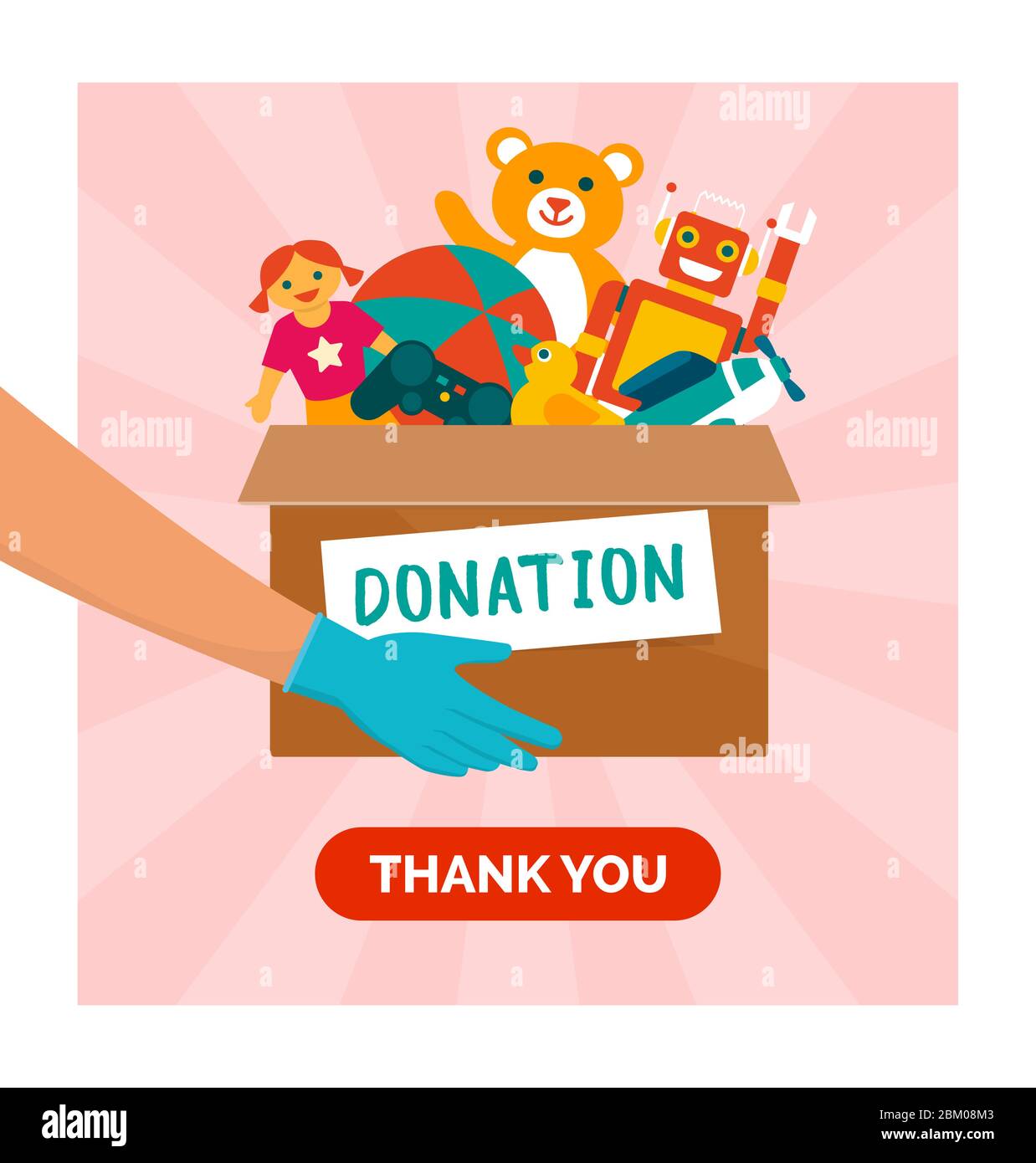 Spenden für Kinder: Spenden Sie eine Spendenbox mit vielen schönen Spielzeugen, Solidarität und Wohltätigkeitskonzept Stock Vektor