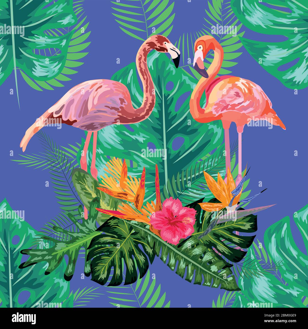 Leuchtend grüne tropische Dschungel Regenwald Palmenblätter. Rosa exotischen Flamingo watenden Vögel paar. Nahtlose Musterstruktur Stock Vektor