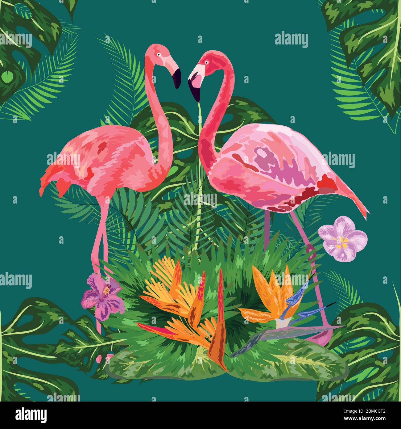 Leuchtend grüne tropische Dschungel Regenwald Palmenblätter. Rosa exotischen Flamingo watenden Vögel paar. Nahtlose Musterstruktur Stock Vektor