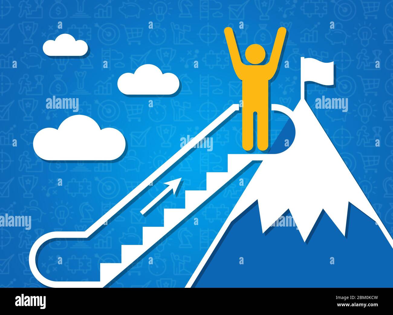 Träume folgen und Erfolg erzielen. Person auf Berggipfel und bewegliche Treppe, blauer Hintergrund. Abbildung Stockfoto