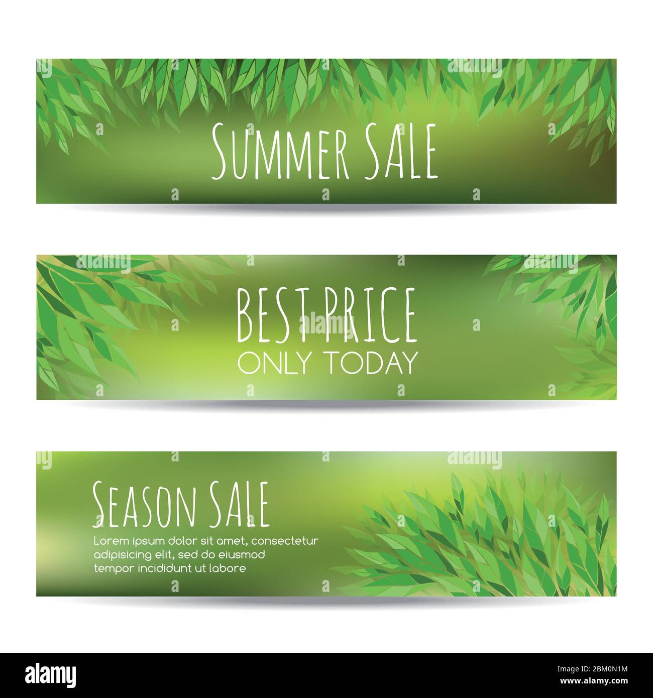 Set von Sommer-Sale Banner mit grünen Blättern Stock Vektor