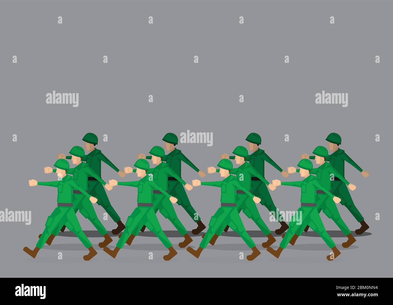 Soldaten in grüner Uniform marschieren in Militärparade vorbei. Vektordarstellung isoliert auf grauem Hintergrund Stock Vektor