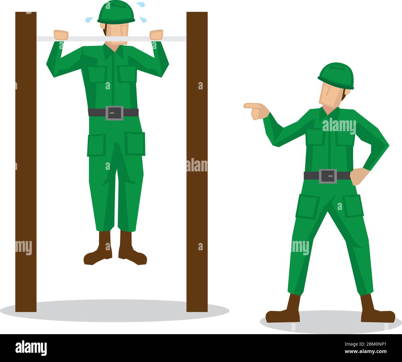 Militärangehörige in grüner Uniform, die von ihrem Mannschaftsarmee Offizier gescholten werden, während sie Pull-up tun. Vektorgrafik isoliert auf weißem Hintergrund. Stock Vektor