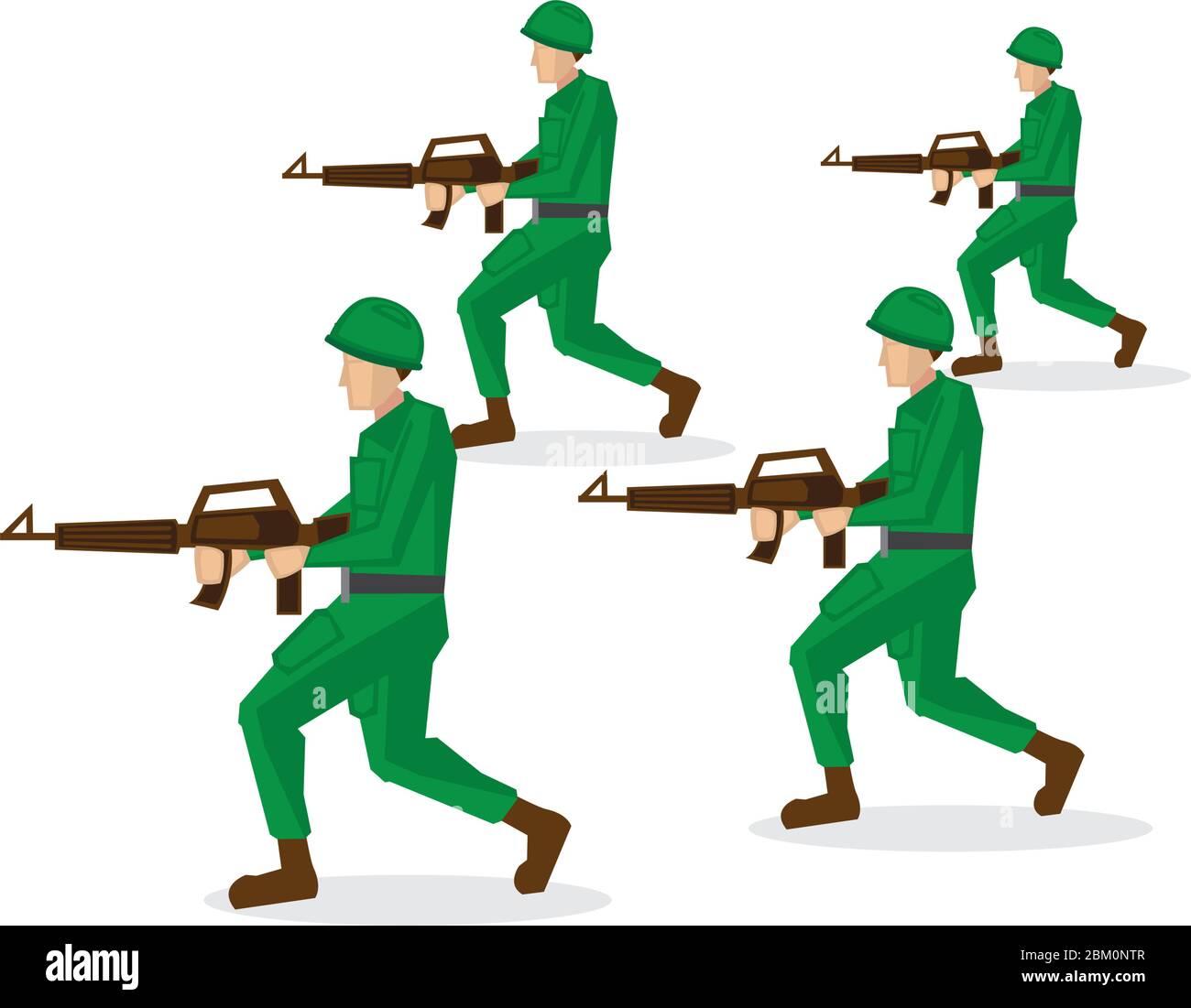 Soldaten in grüner Uniform laufen und angreifen. Vektorgrafik isoliert auf weißem Hintergrund. Stock Vektor