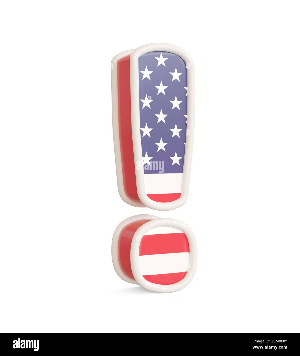 Ausrufezeichen mit USA-Flaggen-Farben isoliert auf weißem Hintergrund. 3d-Bild Stockfoto