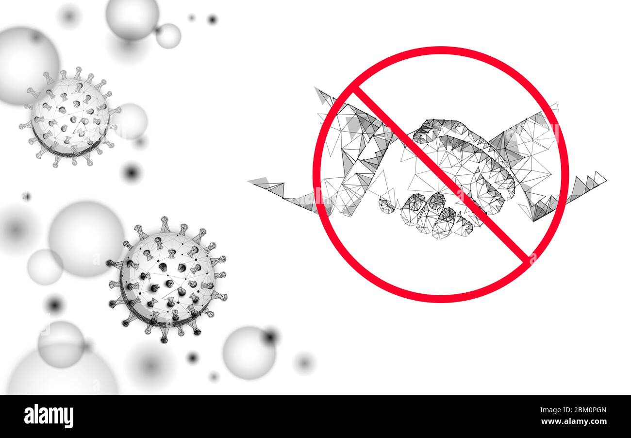 Stoppen Sie Coronavirus Handshake 3D Low Poly Rendern. Prävention Infektion Virus Influenza Grippe Pneumonie. Vermeiden Sie Abstand Technologie Medizin Vektor Stock Vektor