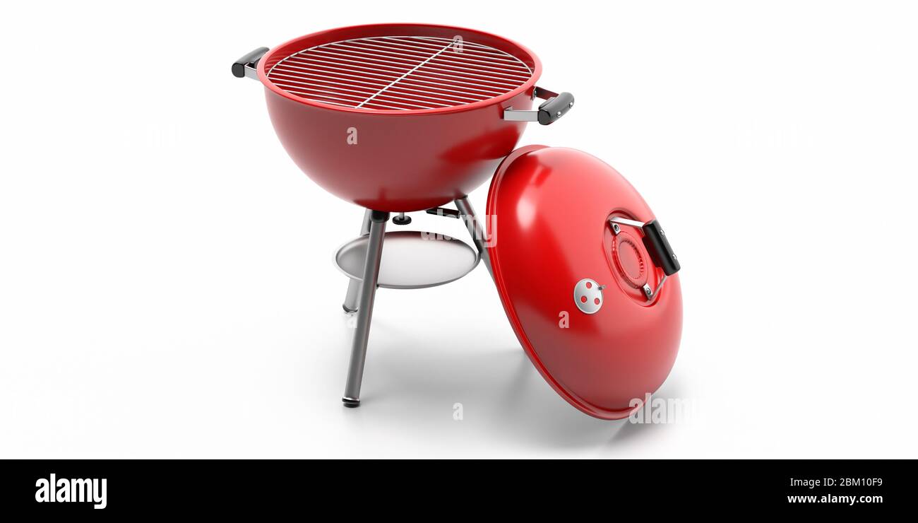 BBQ Grill. Grill rote Farbe, mit Deckel isoliert vor weißem Hintergrund. Tragbares Gerät für Grillgerichte im Freien. 3d-Darstellung Stockfoto