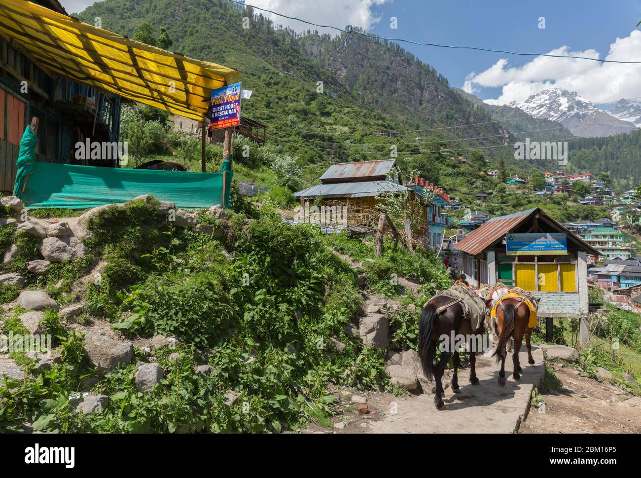 Himalaya Dorf Blick mit den schneebedeckten Bergen im Hintergrund Stockfoto