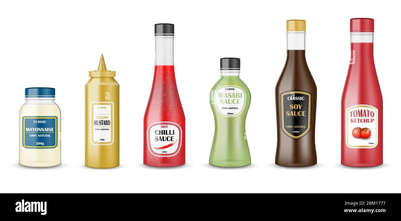 Saucenflaschen Set. Realistische Glasflaschenbehälter mit Ketchup, Mayonnaise, Senf, scharfer Chili und Sojasoßen. Kunststoffverpackung für Condiment Stock Vektor