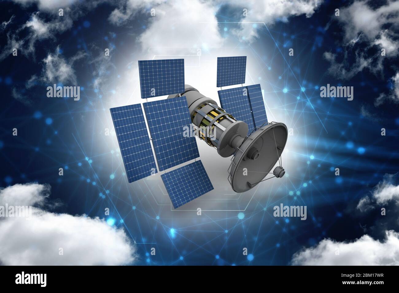 Satellitenschüssel und Raumschiff, 3D Rendering Stockfoto