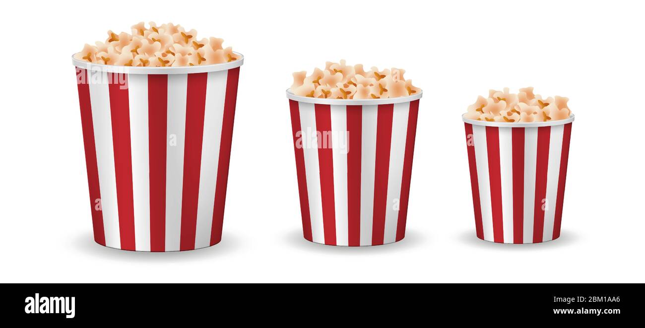 Realistisches Popcorn-Modell isoliert. Vektor rot gestreiften Pop Mais-Box Seitenansicht. vektor-Illustration Stock Vektor