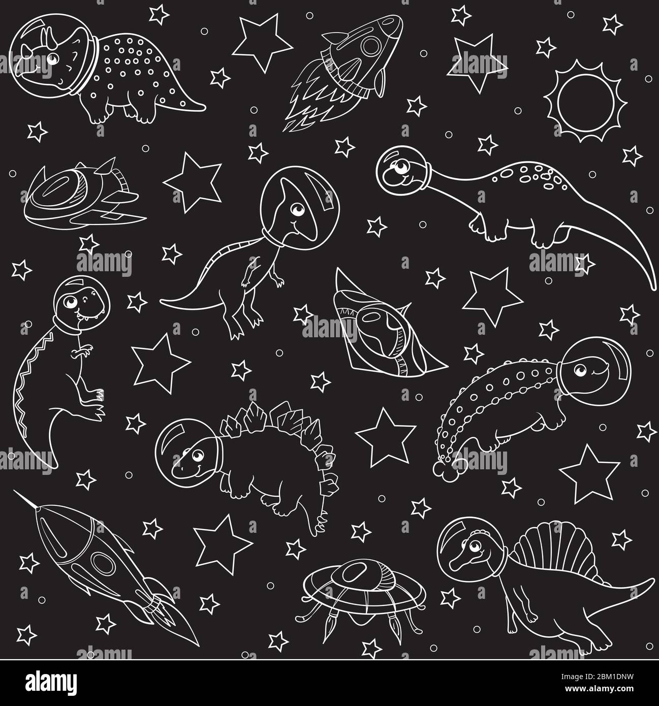 Niedliche Dinosaurier-Astronauten im Weltraum mit Raumschiffen und Planeten, weiße Umrisse auf schwarzem Hintergrund, nahtlose Vektor-Muster. Kinder, für Stoff Stock Vektor