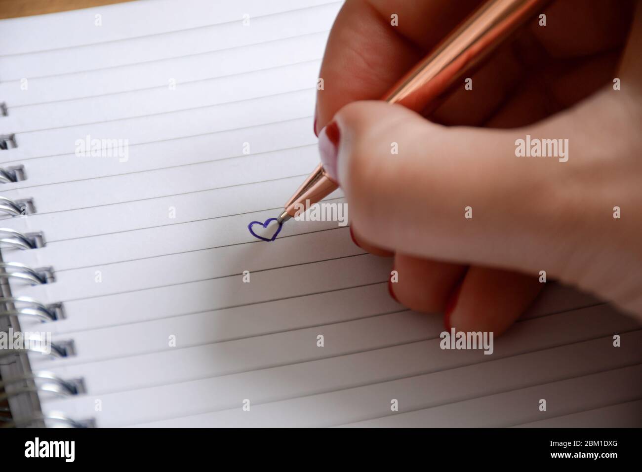 Gepflegte weibliche Hand zieht ein Herz in Notizbuch. Valentinstag und Liebeskonzept. Stockfoto