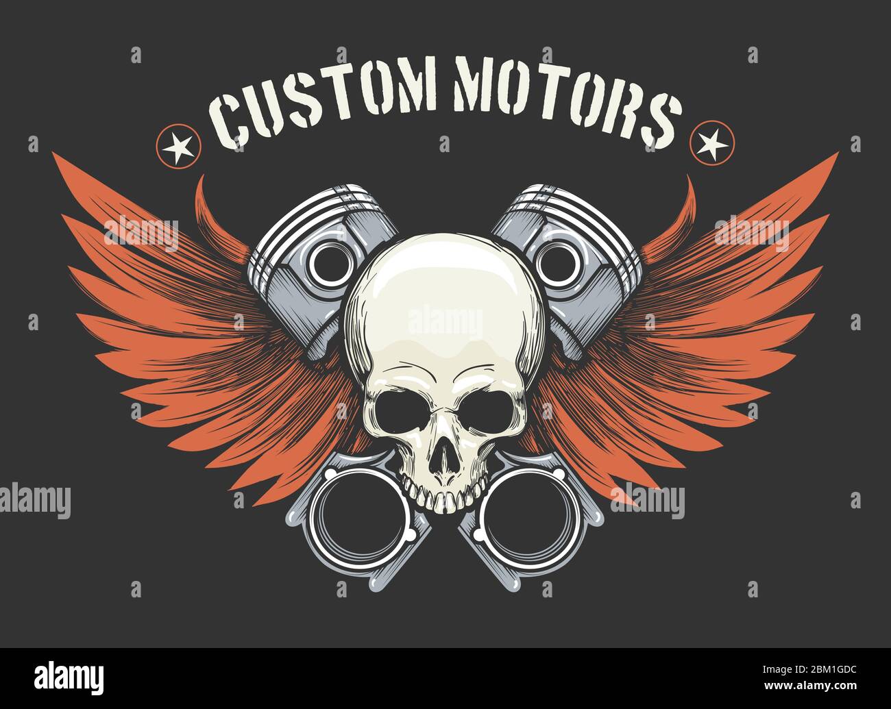 Schädel mit Flügeln und gekreuzten Kolben Illustration. Emblem für Motorradclub oder Motorradwerkstatt. Vektorgrafik. Stock Vektor