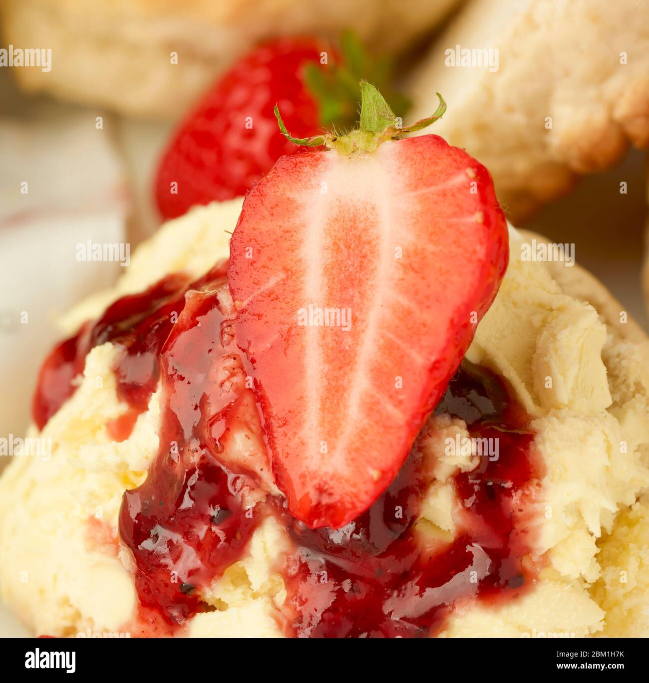 Britischer Sahnetee, Scones mit gerinnter Sahne, Erdbeermarmelade und Erdbeeren auf weißem Hintergrund, Food Stillleben Stockfoto