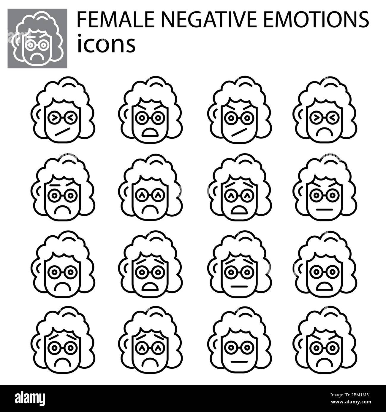 Negative Emotionen setzen Vektor linear weiblich, Mädchen-Symbol. Negativer Gesichtsausdruck Emoticon Vektor-Zeichen, Symbol schwarz auf weißem Hintergrund Stock Vektor