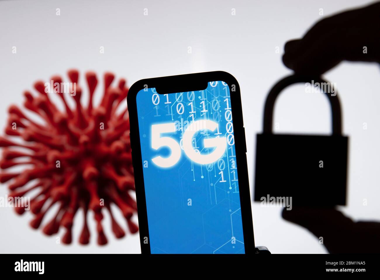 5G-Mobilfunknetz-Technologie und Verbindung zum Coronavirus Covid-19-Ausbruch Stockfoto