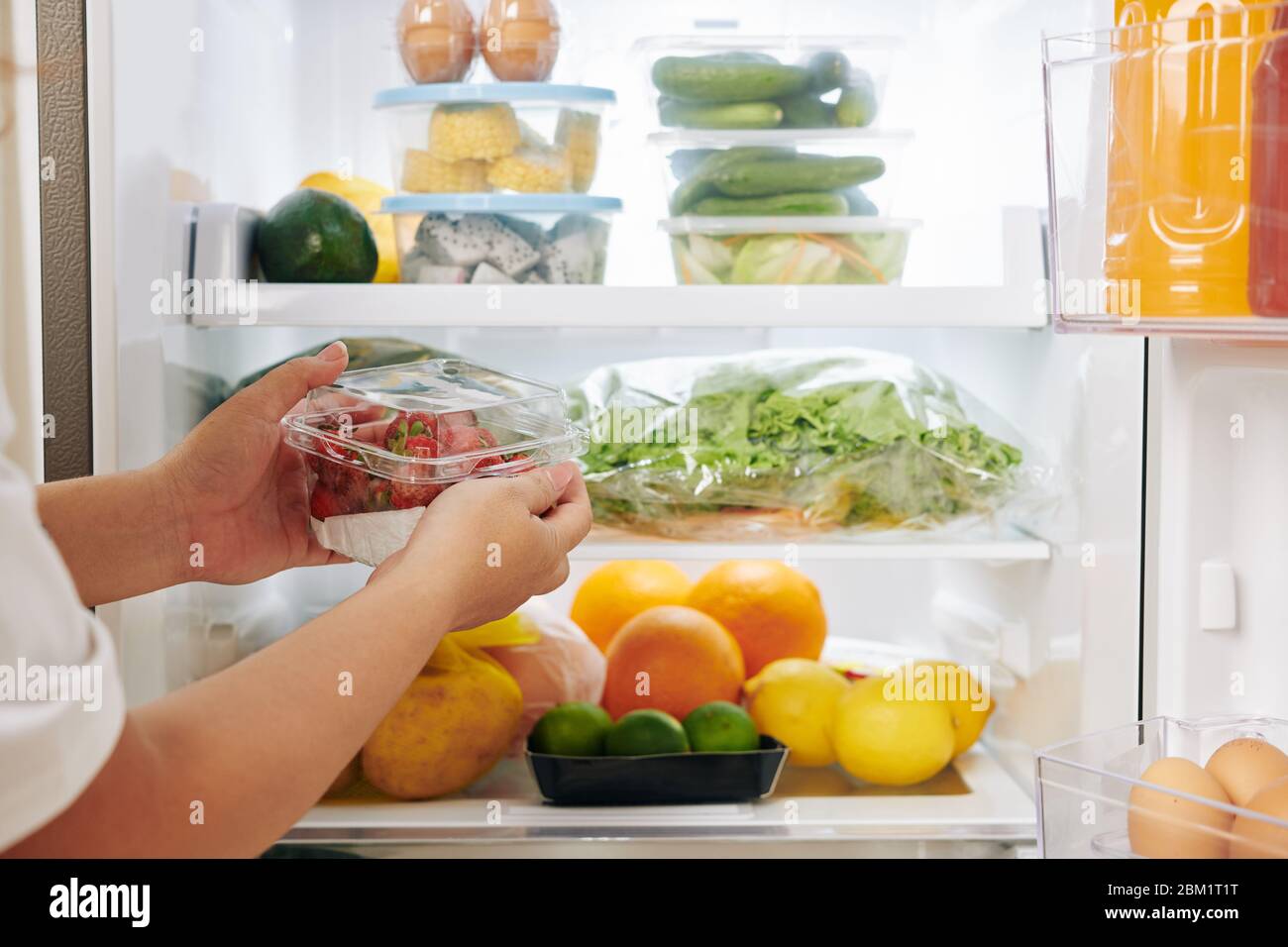 Hände einer Frau öffnen Kühlschranktür und setzen Paket mit frischen reifen Erdbeeren in es Stockfoto