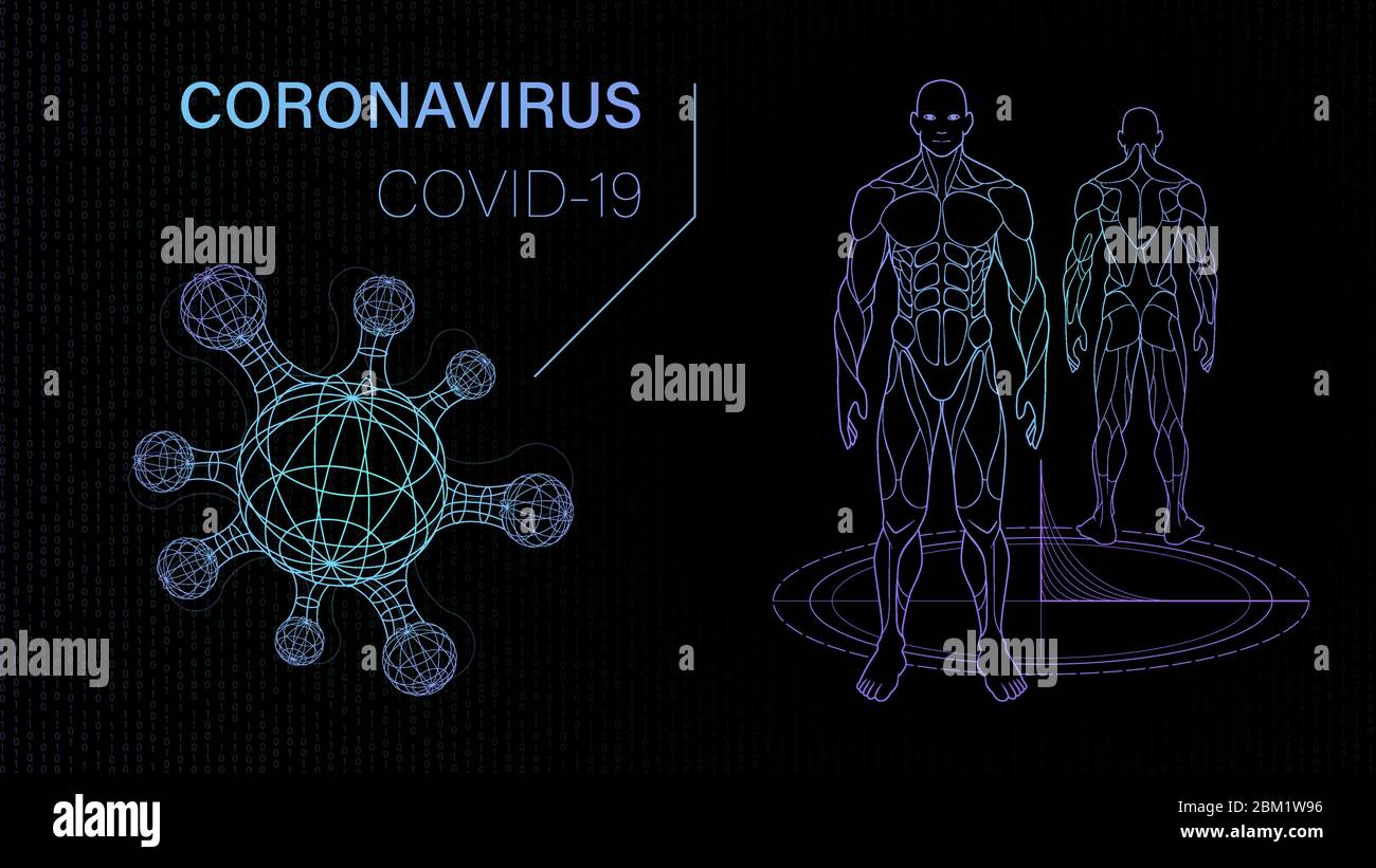 Hintergrund Science Fiction über Virus und menschlichen Körper, Quarantänebakterium, Impfstoff Forschungslabor Wissenschaftler, Hologramm-Effekt von Neon leuchten in s Stock Vektor