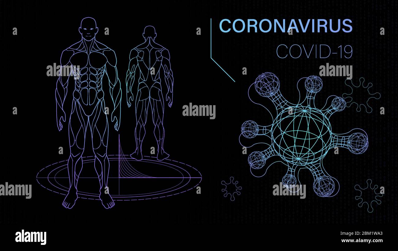 Hintergrund Science Fiction über Virus und menschlichen Körper, Quarantänebakterium, Impfstoff Forschungslabor Wissenschaftler, Hologramm-Effekt von Neon leuchten in s Stock Vektor