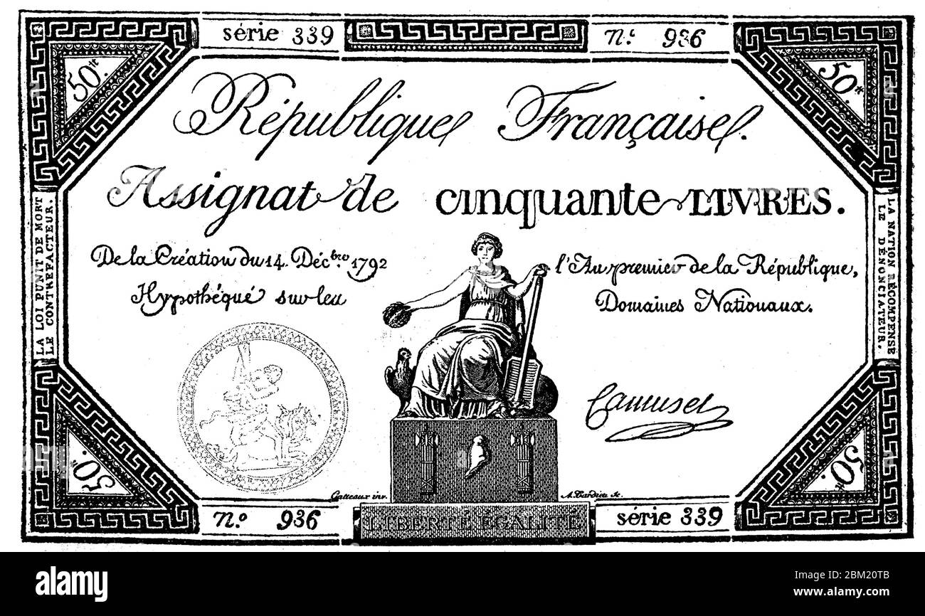 Assignaten von 1792, Assignaten, franz. L'assignat, Instruktionen waren, das Papiergeld während der Französischen Revolution / Assignate aus dem Jahr 1792, Assignaten, französisch l’assignat, Anweisung, waren das während der Französischen Revolution verwendete Papiergeld, Historisch, historisch, Digital verbesserte Reproduktion eines Originals aus dem 19. Jahrhundert / Digitale Reproduktion einer Originalvorlage aus dem 19. Jahrhundert, Stockfoto