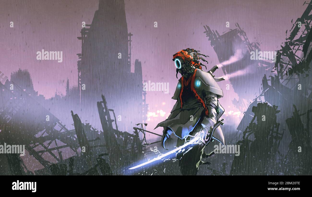 Roboter mit glühendem Schwert allein in der apokalyptischen Stadt, digitale Kunst Stil, Illustration Malerei Stockfoto