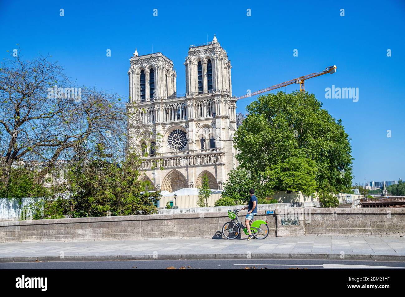 Ein einsamer pariser vor der Kathedrale Notre-Dame in Paris während der Sperre Coronavirus covid-19 Stockfoto