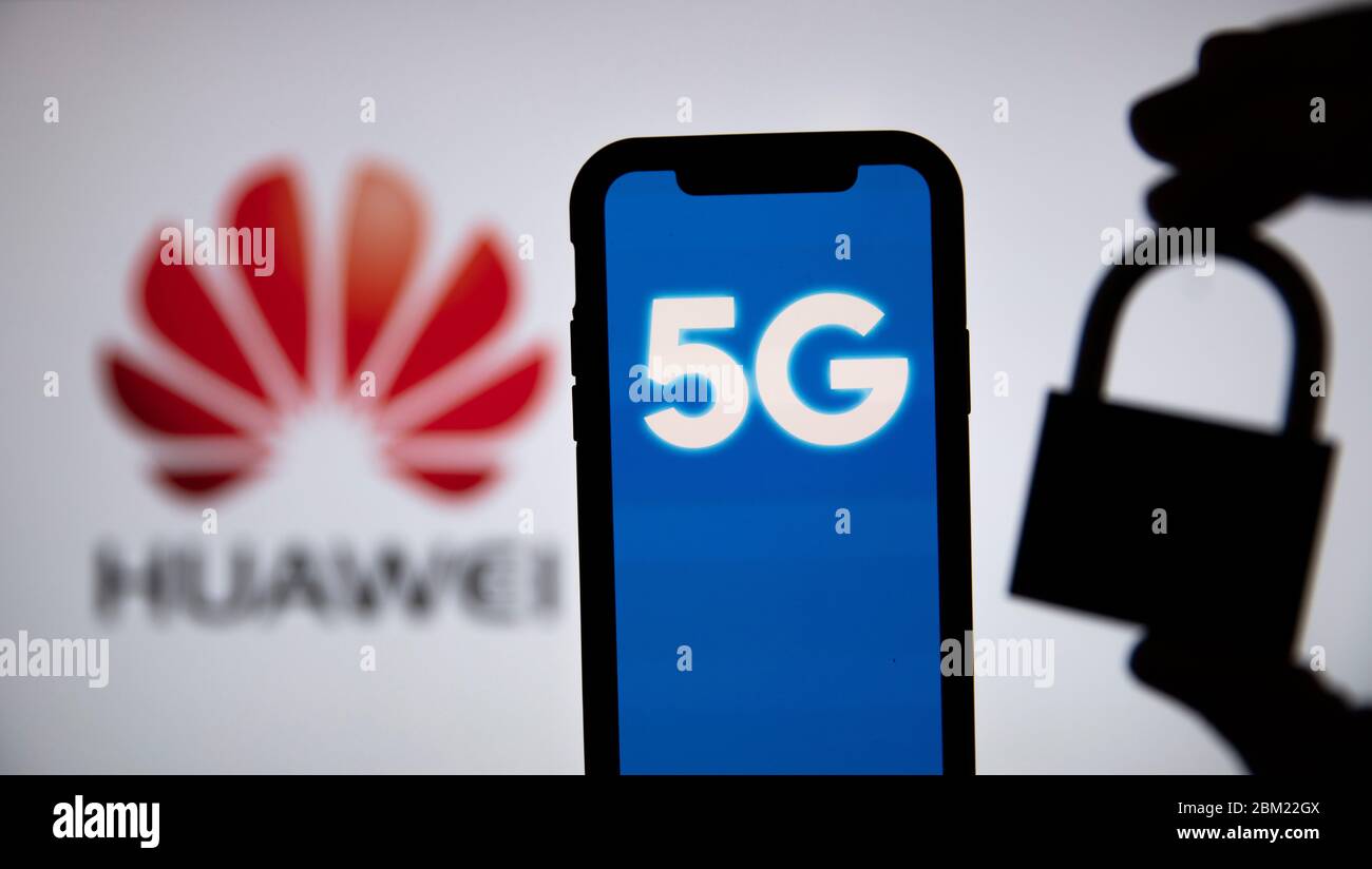 LONDON, Großbritannien - 6. Mai 2020: Huawei-Logo 5G-Kommunikationstechnologie-Konzept Stockfoto