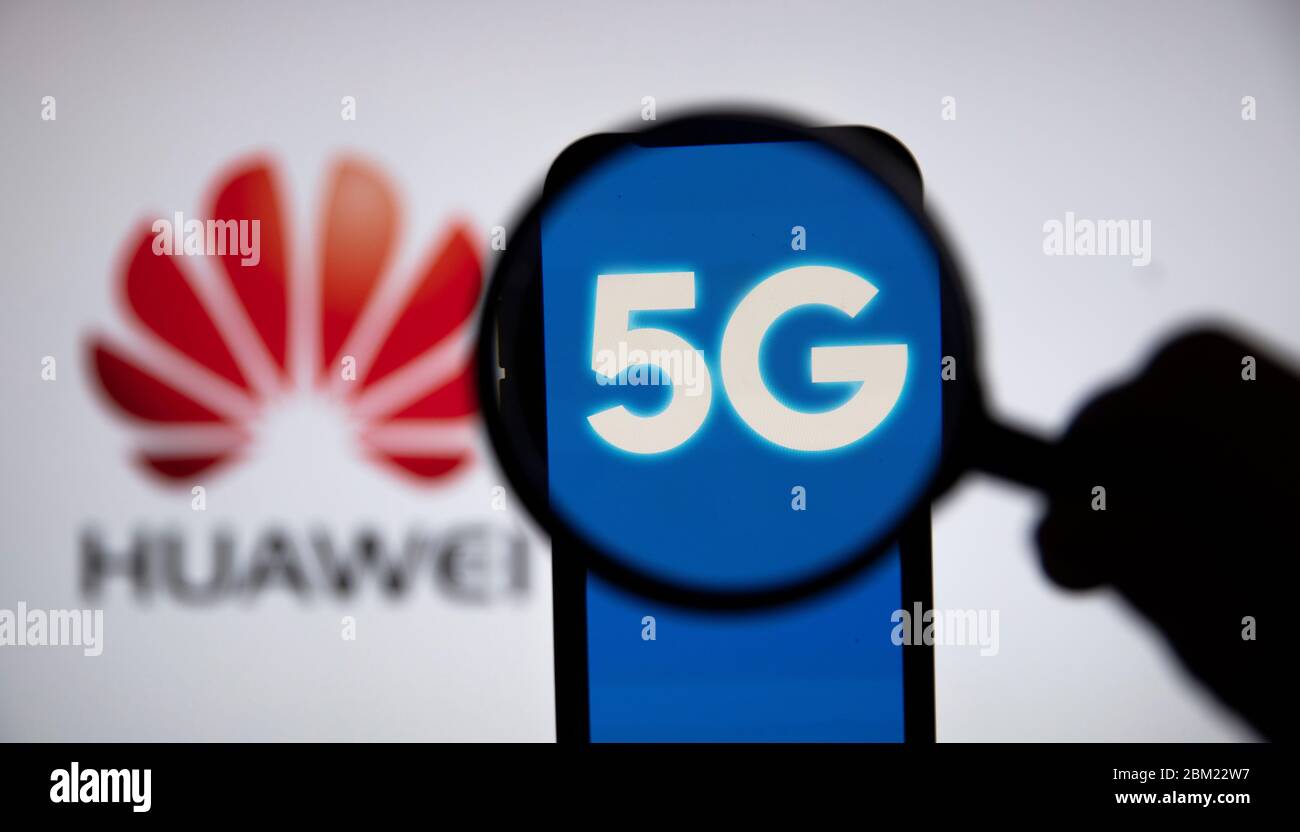 LONDON, Großbritannien - 6. Mai 2020: Huawei-Logo 5G-Kommunikationstechnologie-Konzept Stockfoto