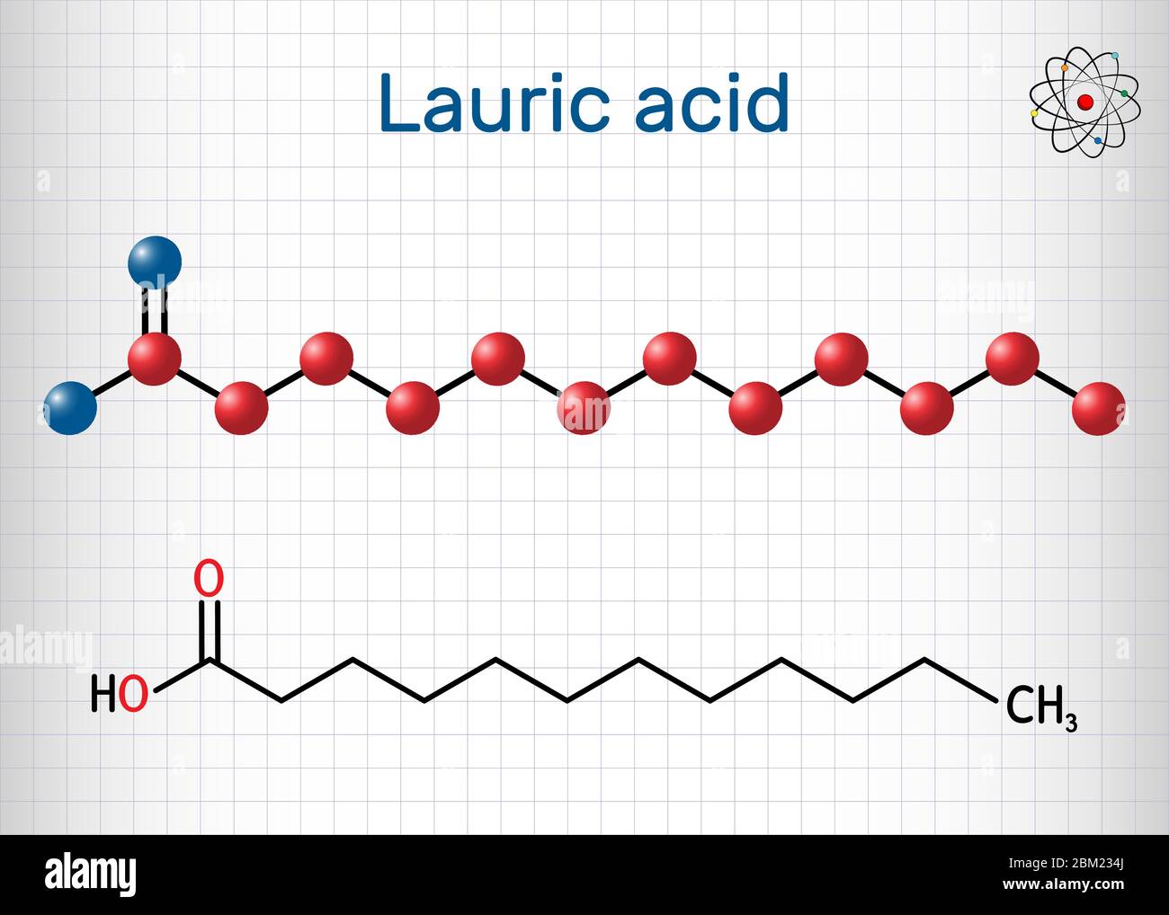 Laurinsäure, Dodecansäure, C12H24O2-Molekül. Es ist eine gesättigte  Fettsäure. Strukturelle chemische Formel und Molekülmodell. Blatt Papier in  einer cag Stock-Vektorgrafik - Alamy