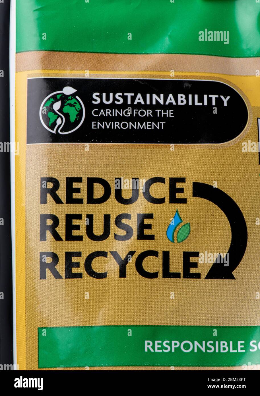 Reduzieren, Wiederverwendung, Recycling Hinweis auf Düngemittelbeutel Stockfoto