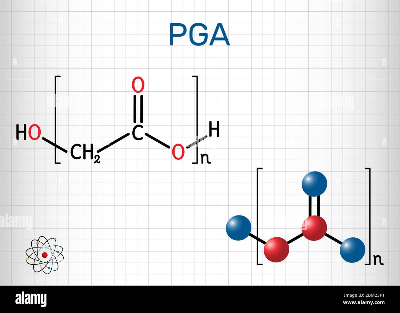 Polyglykolid oder Polyglykolsäure, PGA-Molekül. Es ist ein biologisch abbaubares, thermoplastisches Polymer. Strukturelle chemische Formel und Molekülmodell. Blatt Stock Vektor